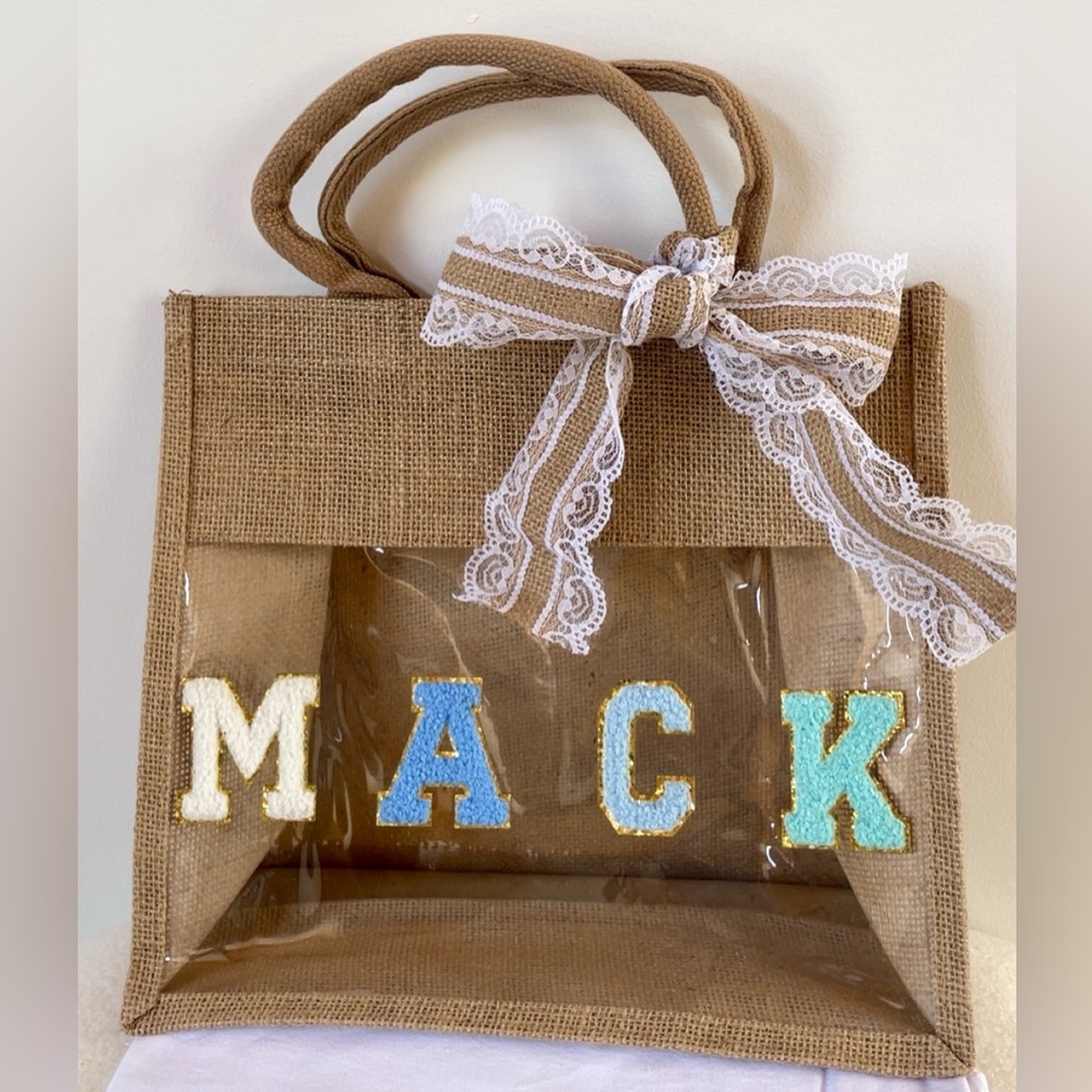 “MACK” Burlap Tote with Lace Bow